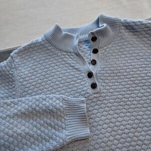 Blue Textured Button Henley Neck‎ Thick Sweater Pockets Cabincore Coastal